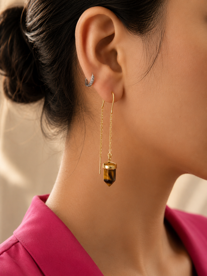 Golden Tiger Eye Sui Dhaga Earrings | 18K Gold Plated Threader Earrings for Women - House of AAKAASHI