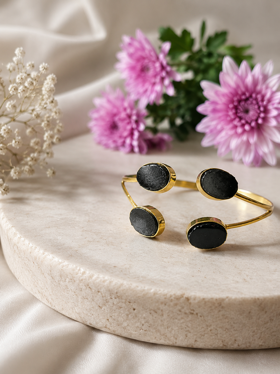 Kavach Black Tourmaline Four Stone Cuff Bracelet | 18K Gold Plated | House of AAKAASHI House of AAKAASHI