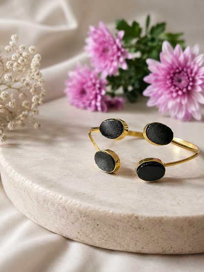 Kavach Black Tourmaline Four Stone Cuff Bracelet | 18K Gold Plated | House of AAKAASHI House of AAKAASHI