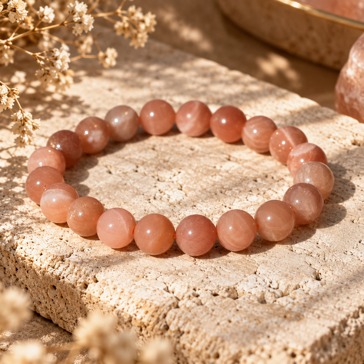 Arunika natural Sunstone bead bracelet featuring smooth round gemstones in peach, apricot, and warm copper-pink tones by House of AAKAASHI.