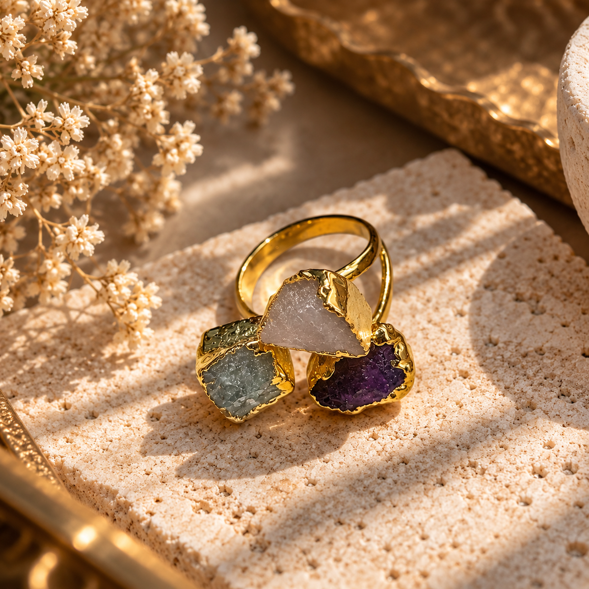 Aarohi Raw Crystal Trio Statement Ring House of AAKAASHI