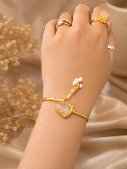 Golden Dawn Citrine & Pearl Bracelet | Adjustable 18K Gold Plated Crystal Bracelet for Women - House of AAKAASHI