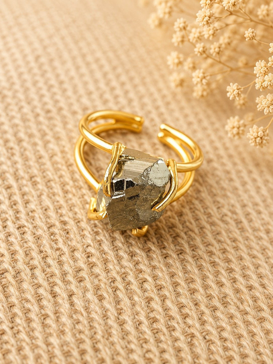 Golden Pyrite Freeform Ring | Adjustable 18K Gold Plated Crystal Ring for Women