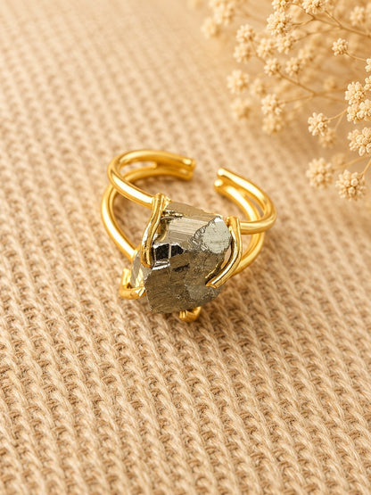 Golden Pyrite Freeform Ring | Adjustable 18K Gold Plated Crystal Ring for Women House of AAKAASHI