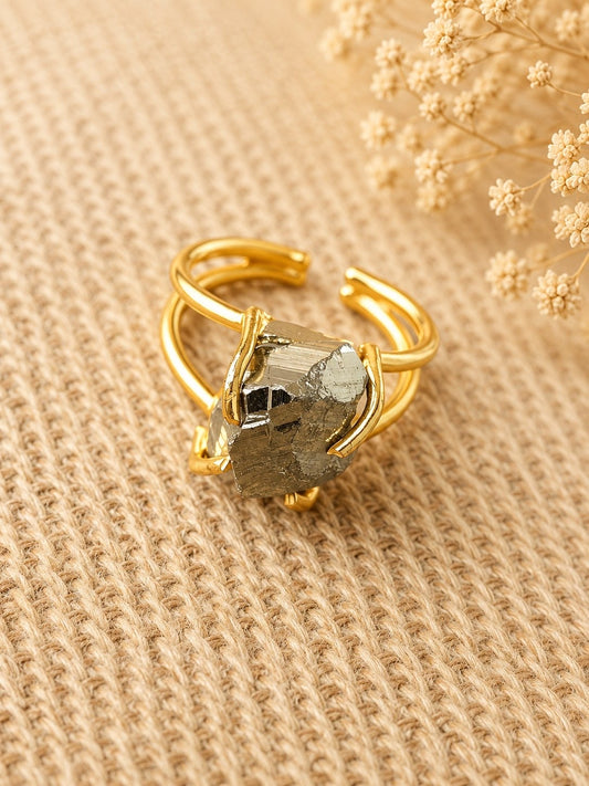 Golden Pyrite Freeform Ring | Adjustable 18K Gold Plated Crystal Ring for Women
