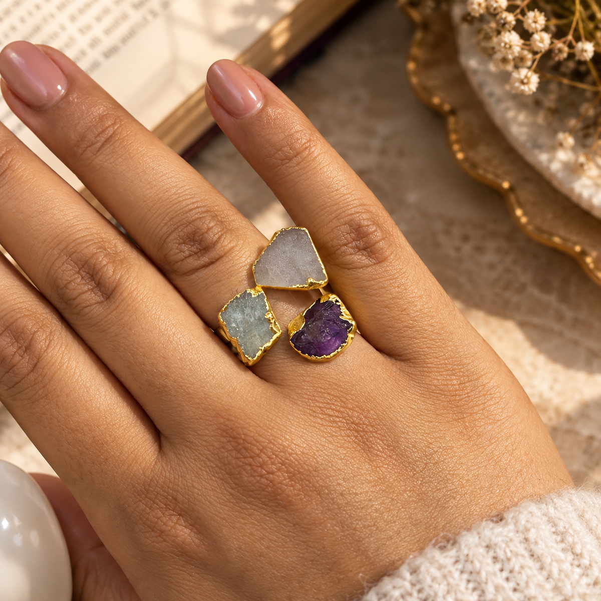Aarohi Raw Crystal Trio Statement Ring House of AAKAASHI