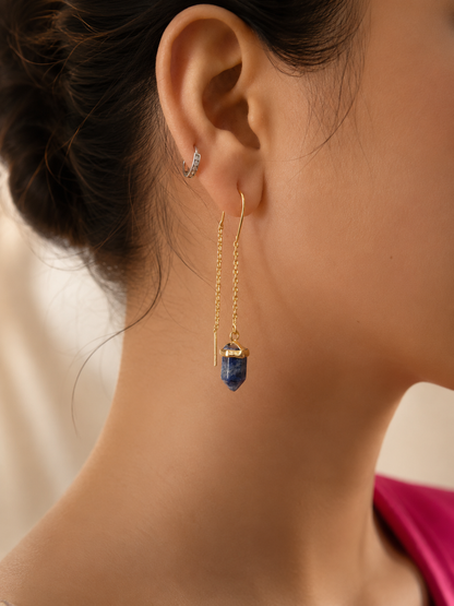 Royal Lapis Lazuli Sui Dhaga Earrings | 18K Gold Plated Threader Earrings for Women - House of AAKAASHI