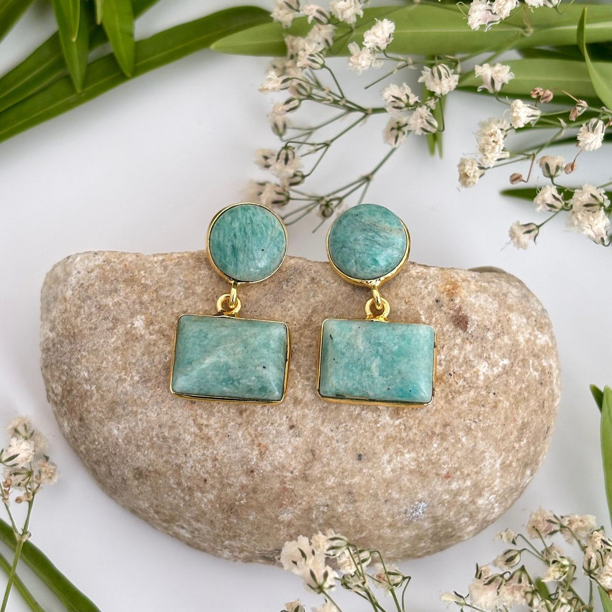 Neelima Amazonite geometric earrings featuring round and rectangular natural Amazonite gemstones in 18K gold plated brass by House of AAKAASHI