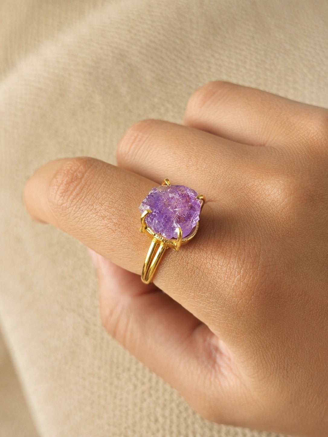 Royal Amethyst Freeform Ring | Adjustable 18K Gold Plated Crystal Ring for Women