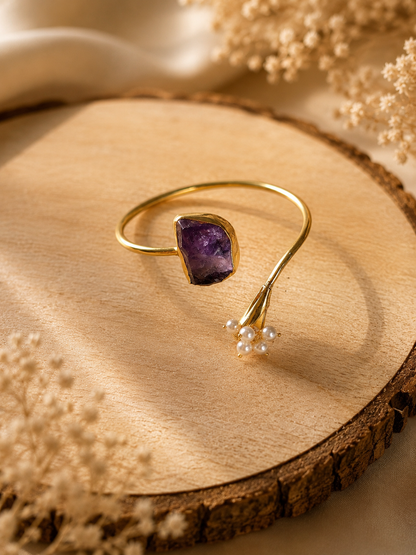 Celestial Bloom Pearl & Amethyst Open Cuff Bracelet | 18K Gold Plated Adjustable Bracelet for Women - House of AAKAASHI