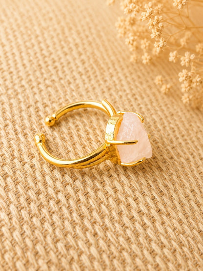 Blush Rose Quartz Freeform Ring | Adjustable 18K Gold Plated Crystal Ring for Women - House of AAKAASHI