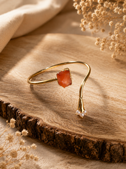 Solar Bloom Pearl & Carnelian Open Cuff Bracelet | 18K Gold Plated Adjustable Bracelet for Women - House of AAKAASHI