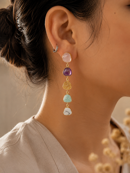 Aurora Cascade Multi Crystal Earrings | Rose Quartz, Amethyst, Citrine, Amazonite & Rainbow Moonstone Earrings for Women - House of AAKAASHI