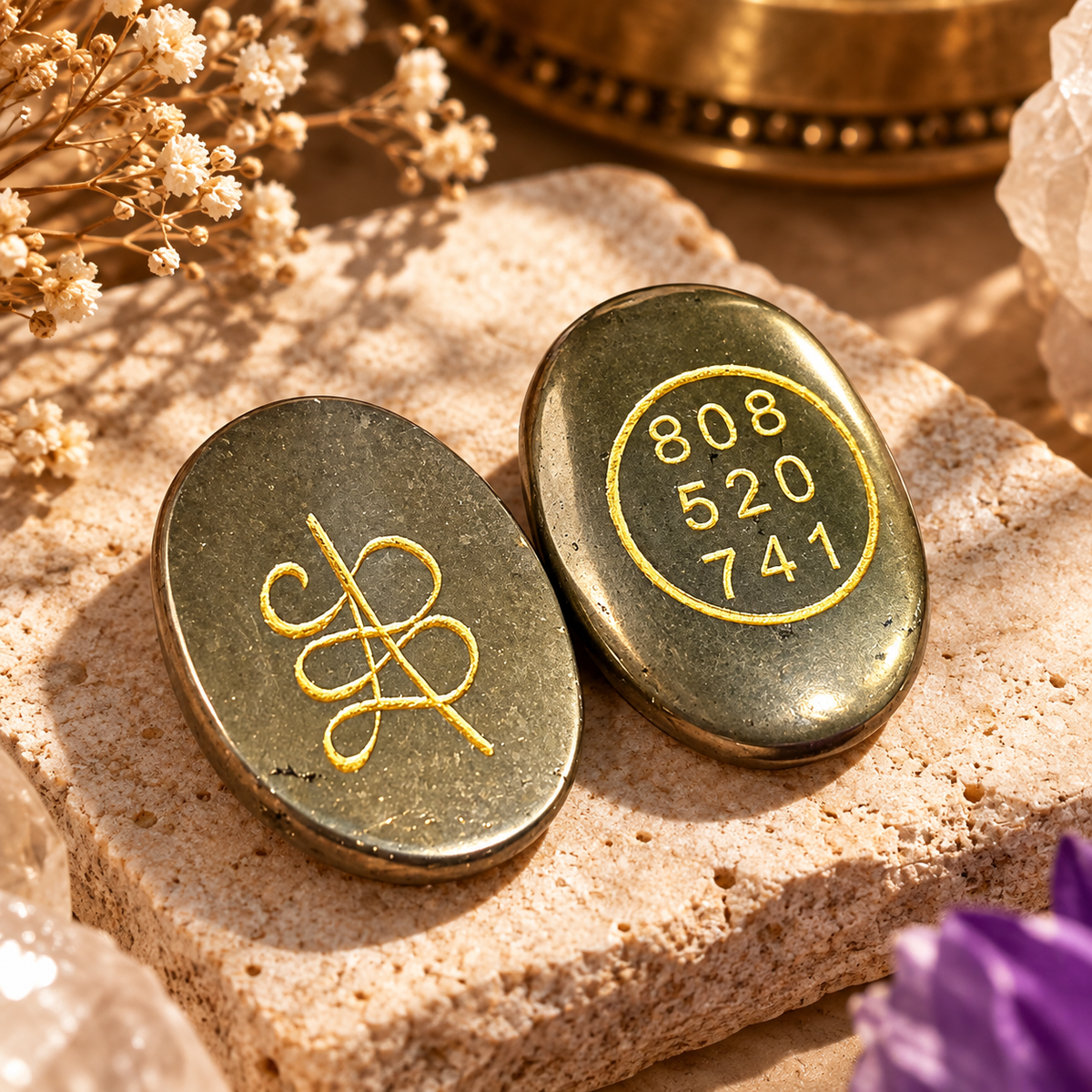Artha Pyrite prosperity Zibu coin featuring a metallic-gold oval stone, gold-tone symbolic engraving, and the number sequences 808, 520, and 741 by House of AAKAASHI.