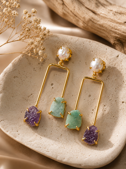 Celestial Harmony Pearl, Amazonite & Amethyst Earrings | 18K Gold Plated Statement Earrings for Women - House of AAKAASHI