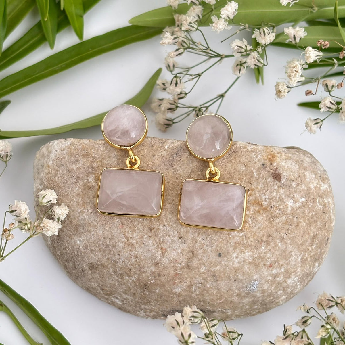 Petal Reverie Rose Quartz geometric earrings featuring round and rectangular natural Rose Quartz gemstones in 18K gold plated brass by House of AAKAASHI