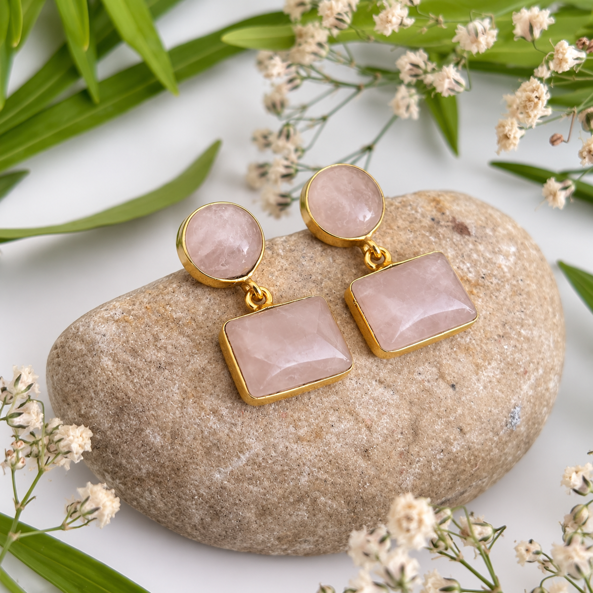 Petal Reverie Rose Quartz Earrings | Gold Plated House of AAKAASHI
