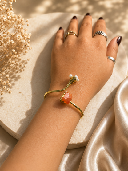 Solar Bloom Pearl & Carnelian Open Cuff Bracelet | 18K Gold Plated Adjustable Bracelet for Women - House of AAKAASHI
