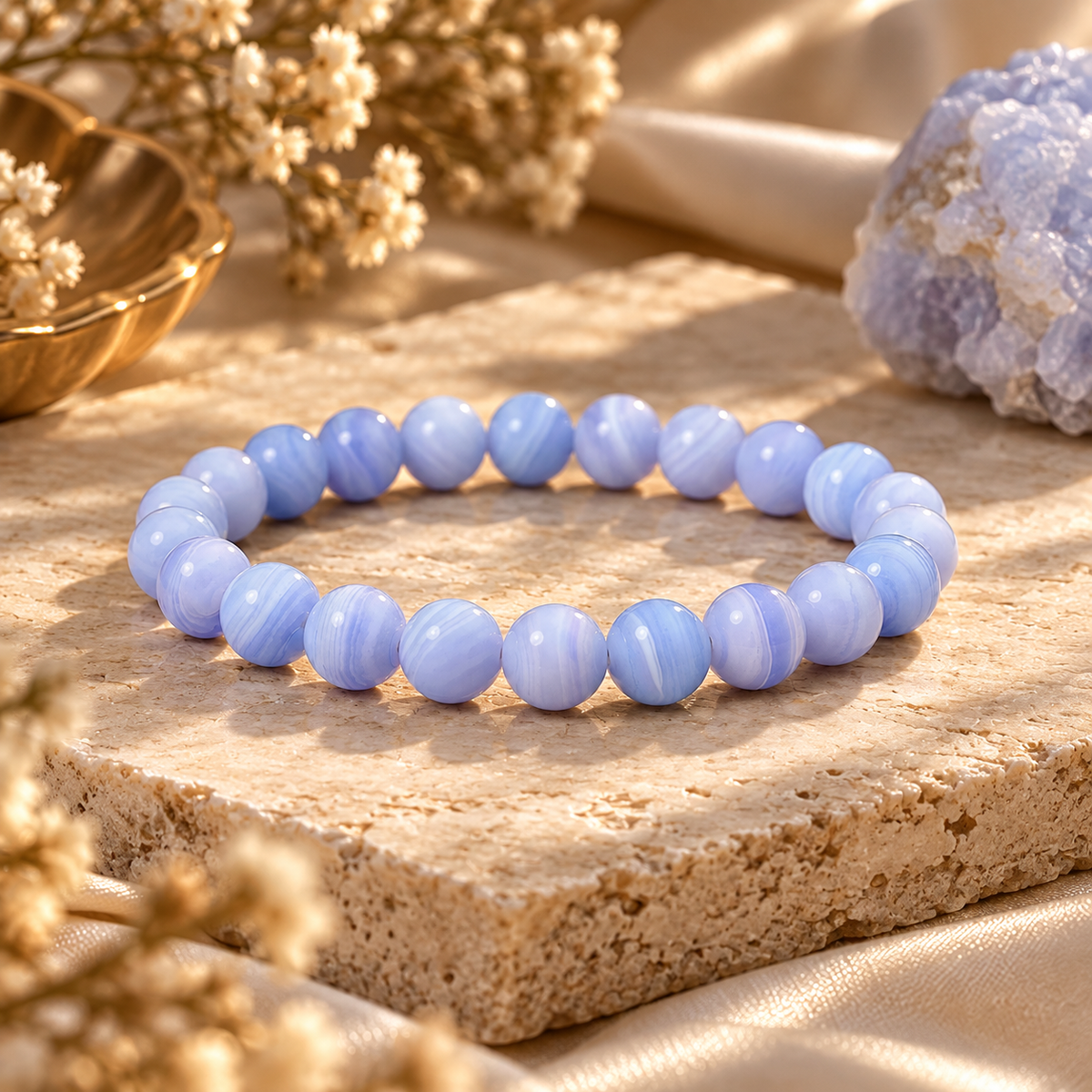 Nilaara 8mm Blue Lace Agate beaded bracelet featuring round natural blue gemstones with delicate lace-like banding by House of AAKAASHI