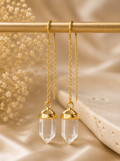 Celestial Clear Quartz Sui Dhaga earrings featuring natural faceted crystal point pendants in an 18K gold plated brass threader design by House of AAKAASHI