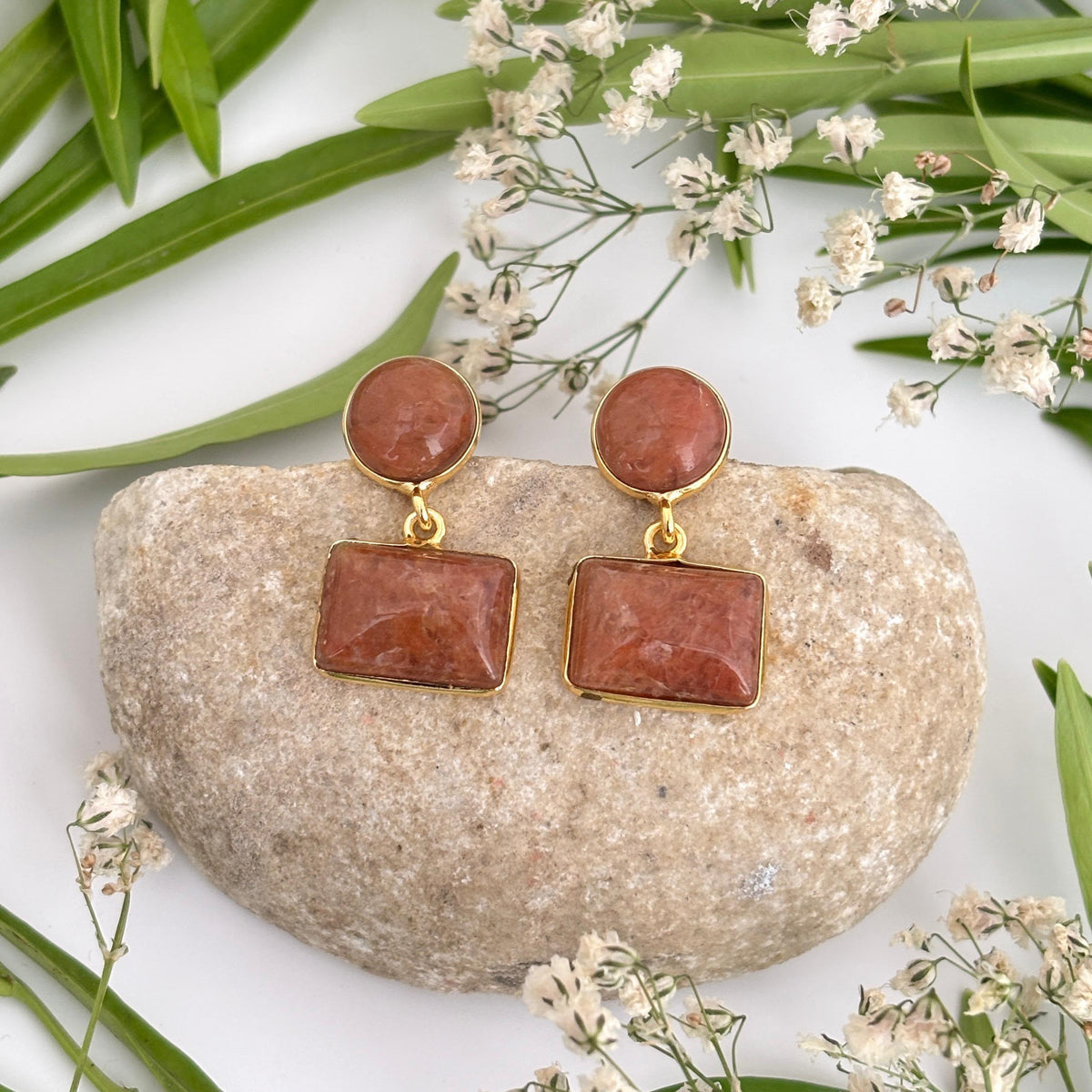 Solara Sunstone geometric earrings featuring round and rectangular natural Sunstone gemstones in 18K gold plated brass by House of AAKAASHI