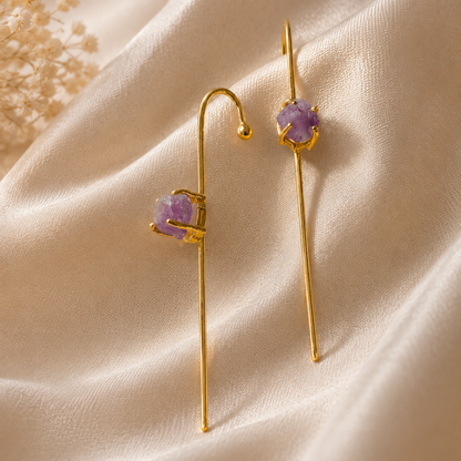 Ameera raw Amethyst ear cuff featuring an irregular violet crystal and elongated 18K gold-plated brass design by House of AAKAASHI