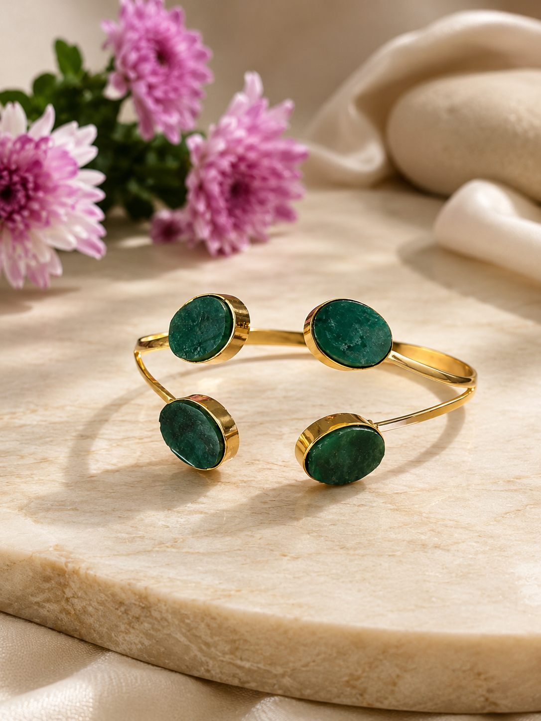 Samridhi Green Jade Four Stone Cuff Bracelet | 18K Gold Plated | House of AAKAASHI House of AAKAASHI