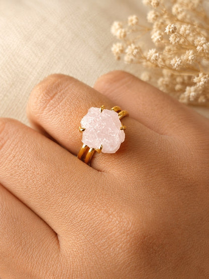 Blush Rose Quartz Freeform Ring | Adjustable 18K Gold Plated Crystal Ring for Women - House of AAKAASHI