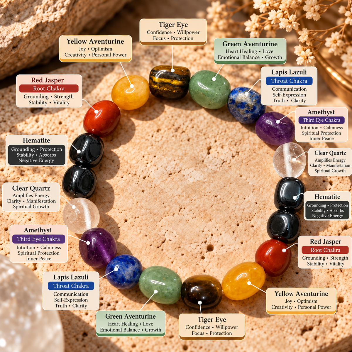 Satrang seven chakra tumbled stone bracelet featuring Red Jasper, Yellow Aventurine, Tiger Eye, Green Aventurine, Lapis Lazuli, Amethyst, Clear Quartz, and Hematite gemstones by House of AAKAASHI.