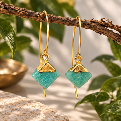 Elaria polished Amazonite thread drop earrings with aqua-green geometric gemstones and 18K gold-plated brass by House of AAKAASHI