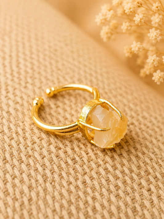 Golden Citrine Freeform Ring | Adjustable 18K Gold Plated Crystal Ring for Women
