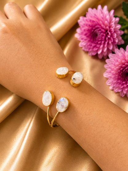 Roshan — Moonstone Four Stone Open Cuff Bracelet | 18K Gold Plated | House of AAKAASHI House of AAKAASHI