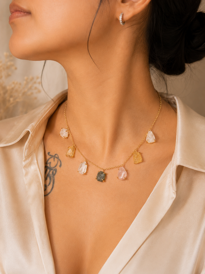 Aurora Prism Multi Crystal Necklace | Rose Quartz, Citrine, Rainbow Moonstone, Yellow Jasper, Labradorite & Clear Quartz Necklace for Women - House of AAKAASHI
