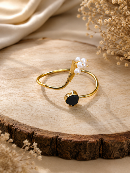 Midnight Bloom Pearl & Black Tourmaline Open Cuff Bracelet | 18K Gold Plated Adjustable Bracelet for Women - House of AAKAASHI