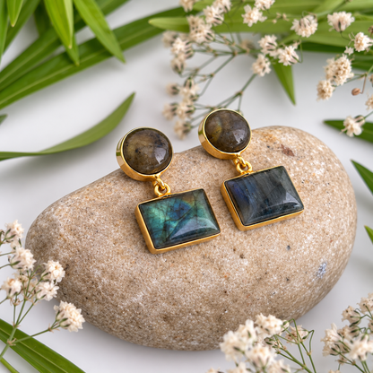Labradorite Nila Geometric Earrings | Gold Plated House of AAKAASHI