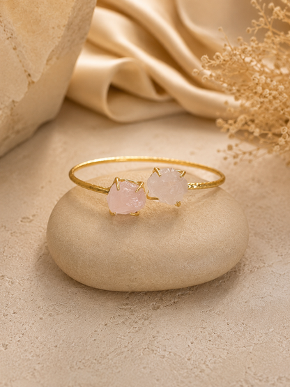 Blush Rose Quartz Raw Stone Cuff Bracelet | 18K Gold Plated Adjustable Bracelet for Women House of AAKAASHI