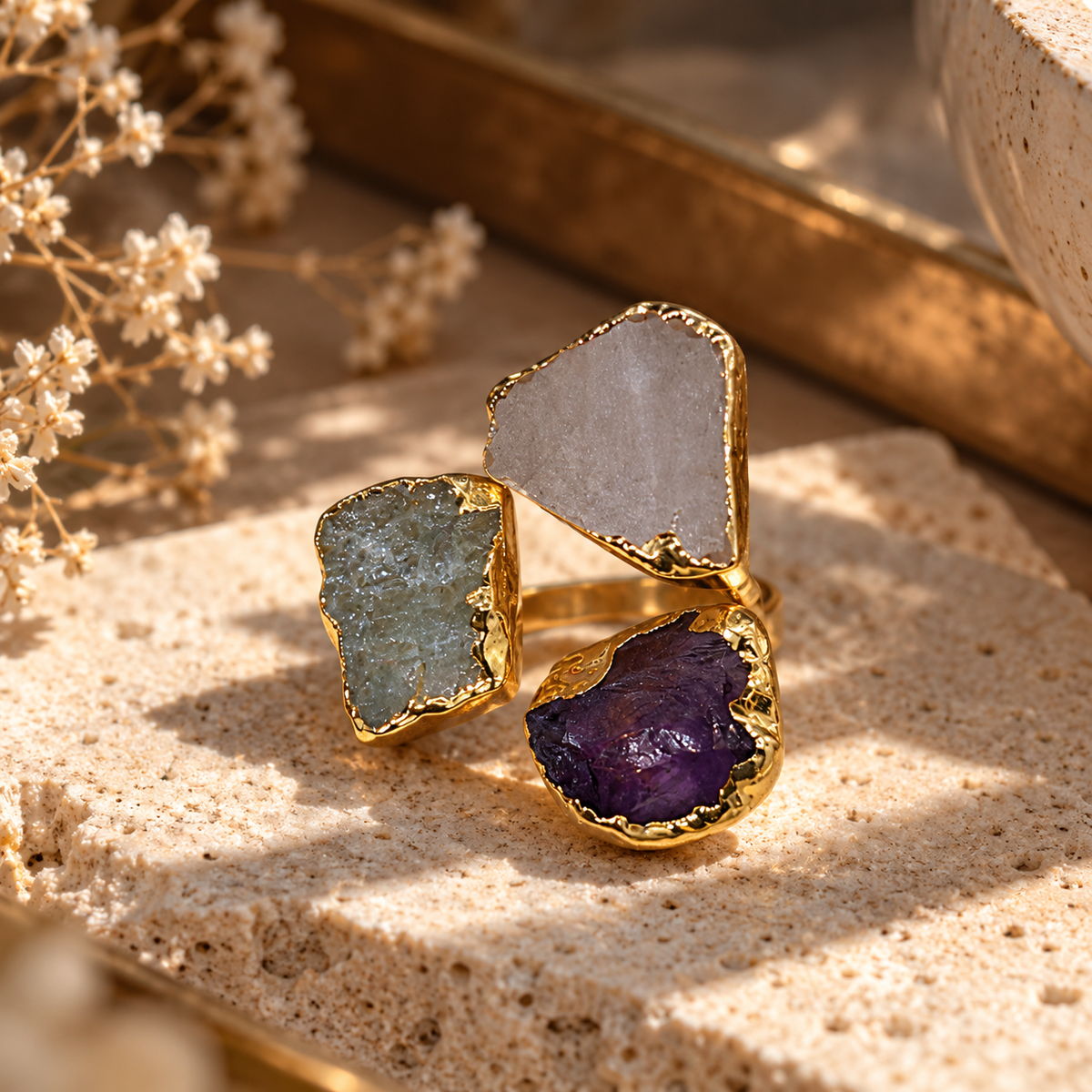 Aarohi Raw Crystal Trio Statement Ring House of AAKAASHI