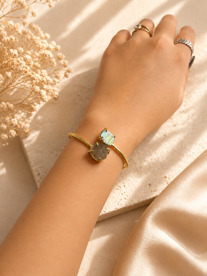 Aurora Labradorite Raw Stone Cuff Bracelet | 18K Gold Plated Adjustable Bracelet for Women House of AAKAASHI