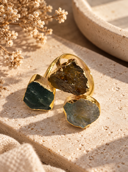Triveni Raw Crystal Trio Statement Ring House of AAKAASHI