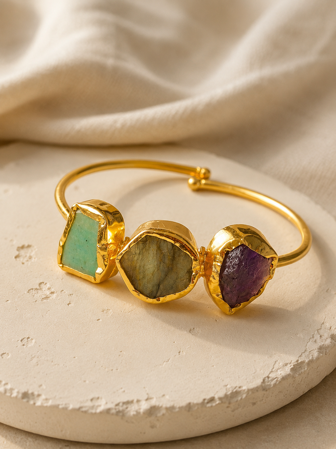 Trinity Aura Crystal Bracelet | Amethyst, Labradorite & Fluorite Adjustable Gold Plated Bracelet for Women