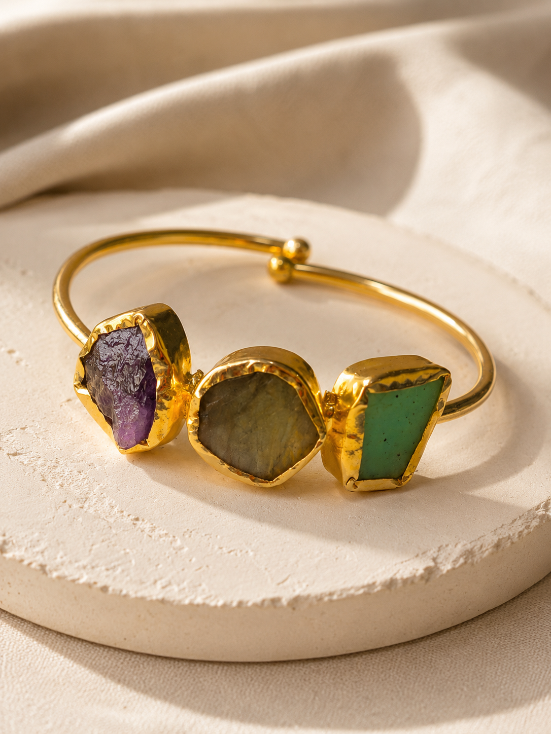 Trinity Aura Crystal Bracelet | Amethyst, Labradorite & Fluorite Adjustable Gold Plated Bracelet for Women