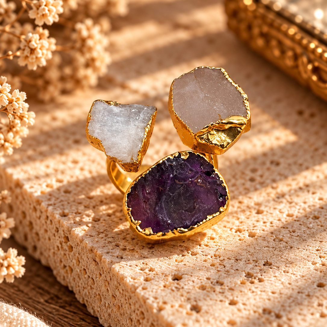 Ishani Raw Crystal Trio Statement Ring House of AAKAASHI