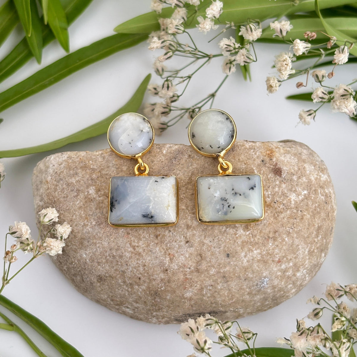 Chaandrika Rainbow Moonstone geometric earrings featuring round and rectangular natural gemstones in 18K gold plated brass by House of AAKAASHI