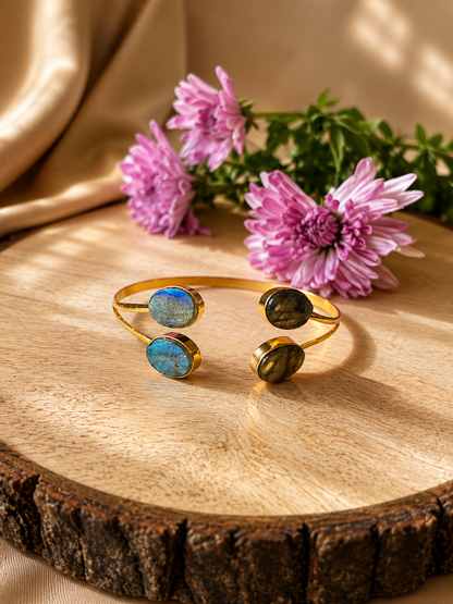 Aroha adjustable Labradorite cuff bracelet with four polished round gemstones and 18K gold-plated brass detailing by House of AAKAASHI