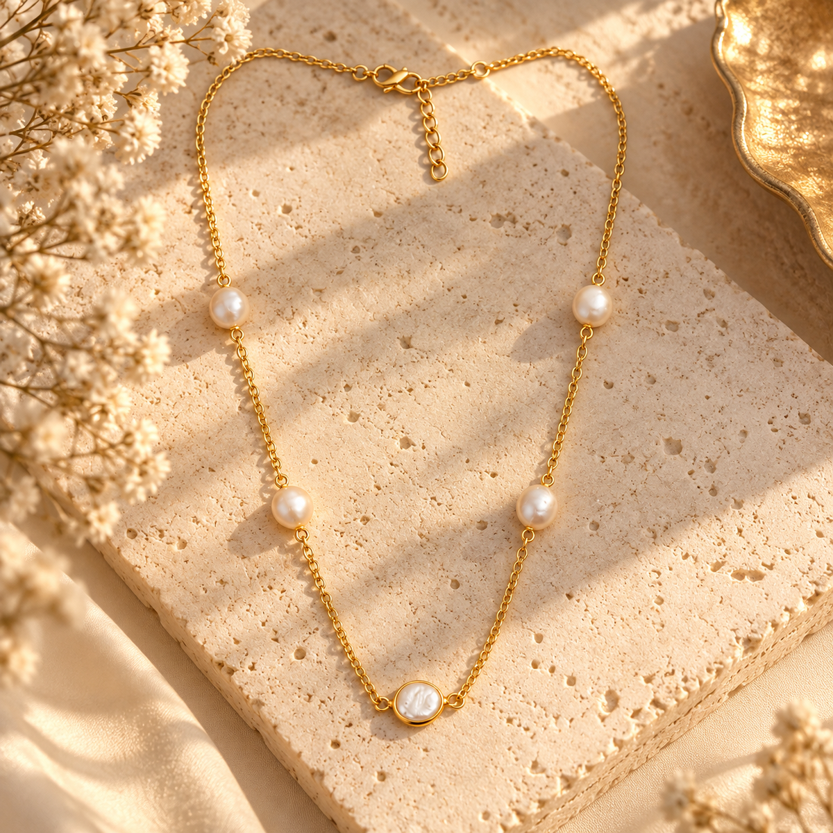 Muktika minimalist freshwater pearl necklace featuring five natural pearls on an 18K gold plated brass chain by House of AAKAASHI