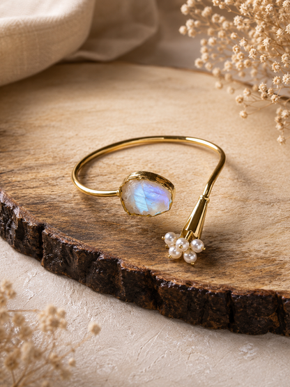 Moonlit Bloom Pearl & Rainbow Moonstone Open Cuff Bracelet | 18K Gold Plated Adjustable Bracelet for Women - House of AAKAASHI