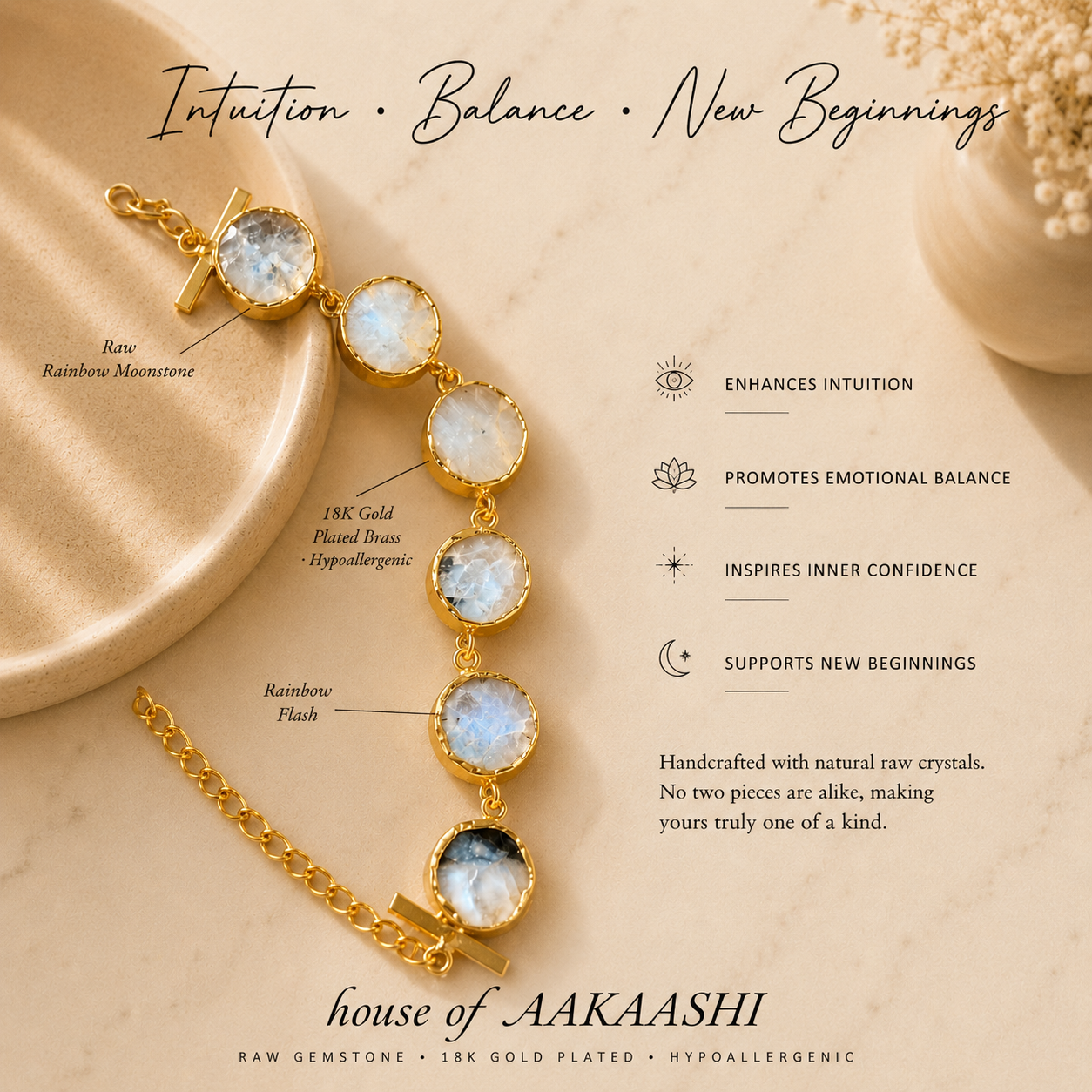 Rainbow Moonstone Crystal Bracelet for Women | Natural Moonstone Bracelet | 18K Gold Plated Brass | House of AAKAASHI