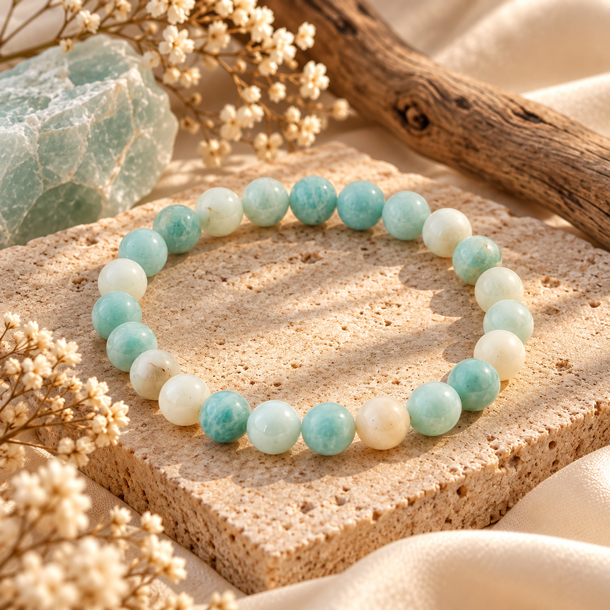 Meher natural Amazonite bead bracelet featuring aqua-green and milky-white round gemstones by House of AAKAASHI.