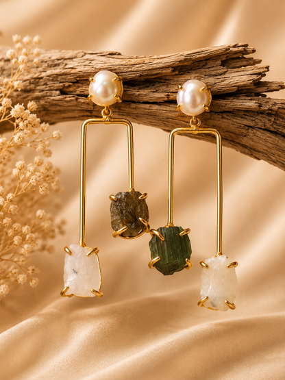 Moonlit Aurora earrings featuring freshwater pearls with Labradorite and Moonstone freeform crystal drops in 18K gold plated brass by House of AAKAASHI