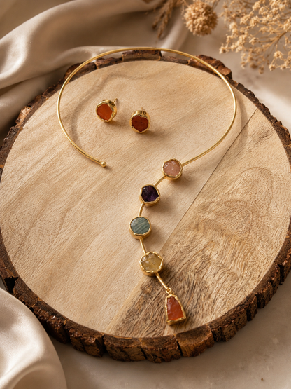 Aurora Cascade Hasli Necklace & Carnelian Stud Set | Multi Crystal 18K Gold Plated Necklace for Women - House of AAKAASHI